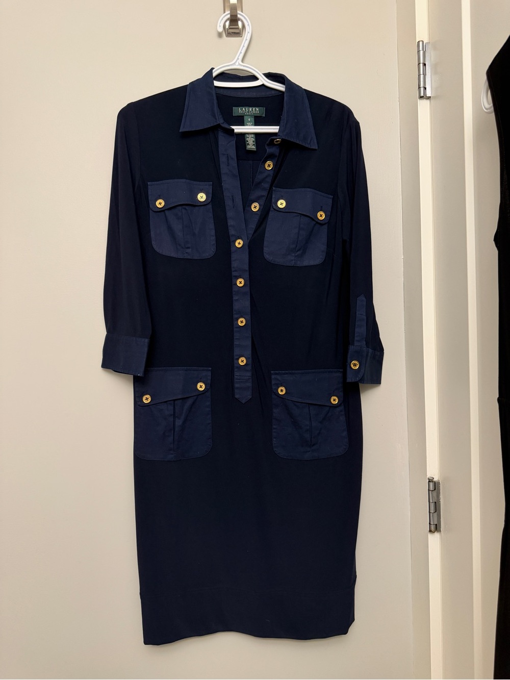Ralph Lauren Navy Midi Shirt Dress with Gold Buttons